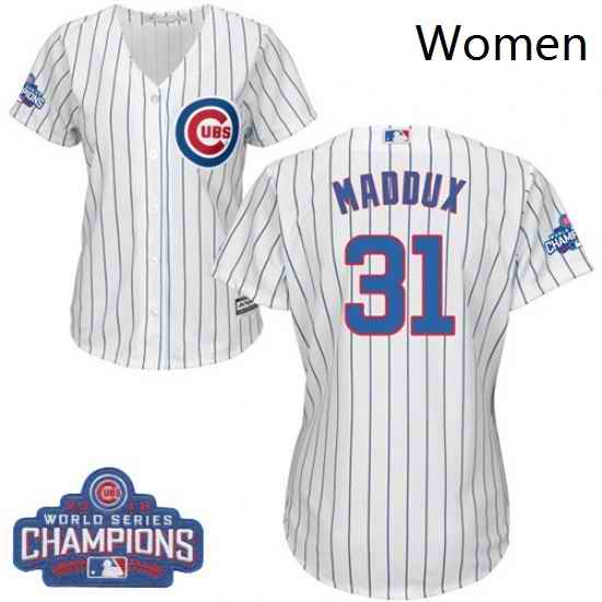 Womens Majestic Chicago Cubs 31 Greg Maddux Authentic White Home 2016 World Series Champions Cool Base MLB Jersey
